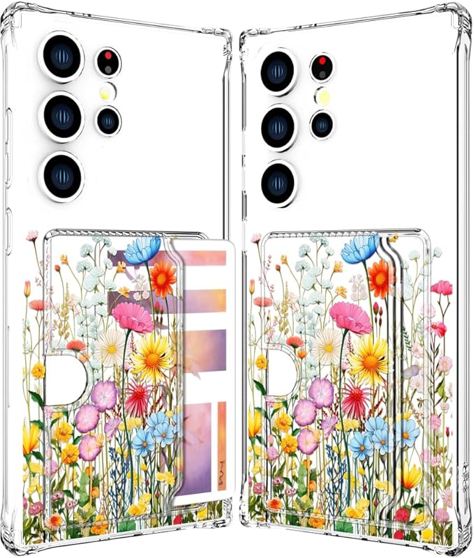 Compatible with Samsung Galaxy S24 Ultra Case Card Holder for Women Cute Design,Wallet Phone Cases Transparent Cool Kawaii Protective (Clear Flowers Herbs Wild Plants)