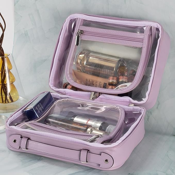SANHECUN traveling toiletry bag clear cosmetics case makeup bag Dimensions | LxWxH:10” x 4.5” x 7.5” (Purple, Medium)