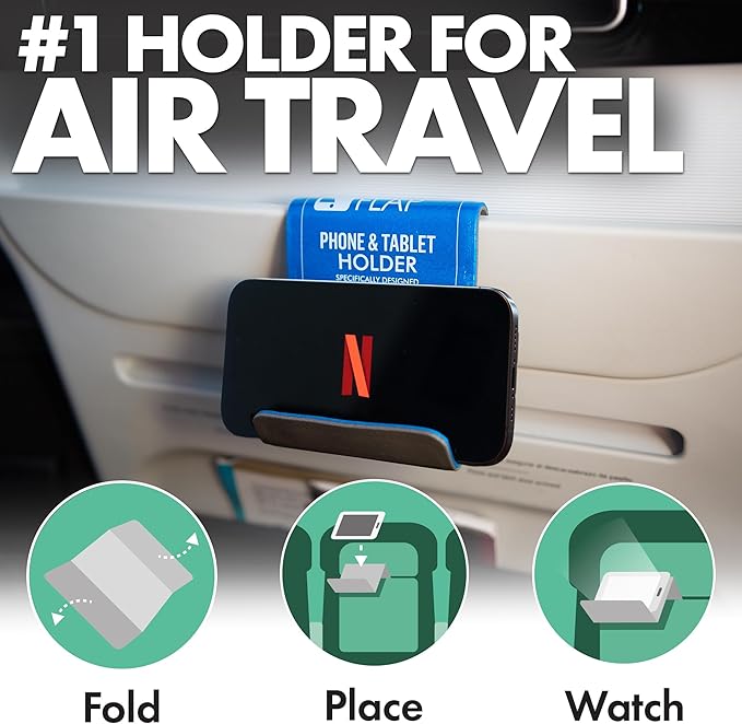 Flight Flap Airplane Phone Holder, Flexible Cell Phone Holder, Folding Cellphone Stand for Desk, Bed, Office, Treadmill - Airplane Gadgets for Long Travel Accessories - Plane Essentials (Blue)
