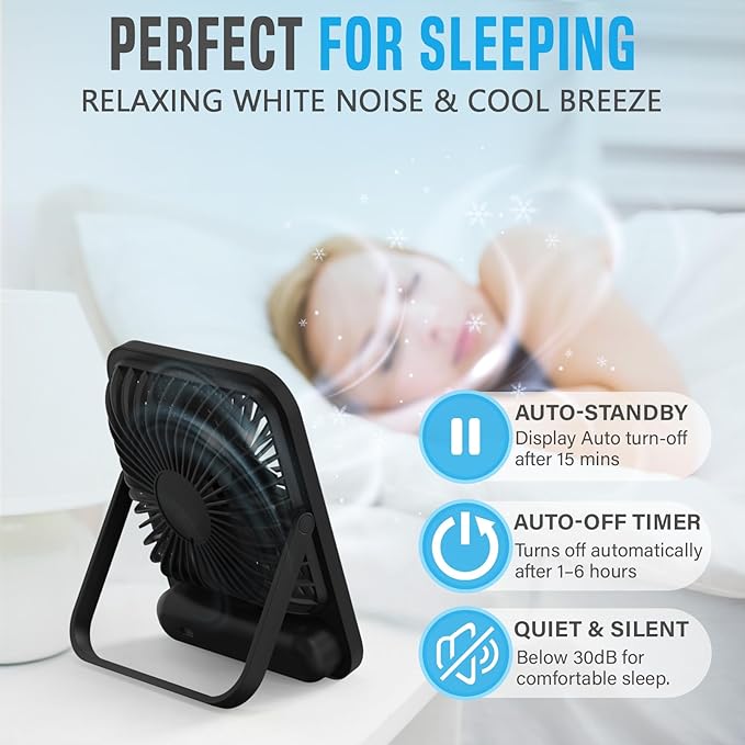 Small Travel Fan For Sleeping, USB-C Rechargeable Battery Powered Personal Mini Desk Fan for Office, Bedroom, Hotel Room - Folding Flat, Easily Portable & Travel-Ready, Battery Saving Display & Timer