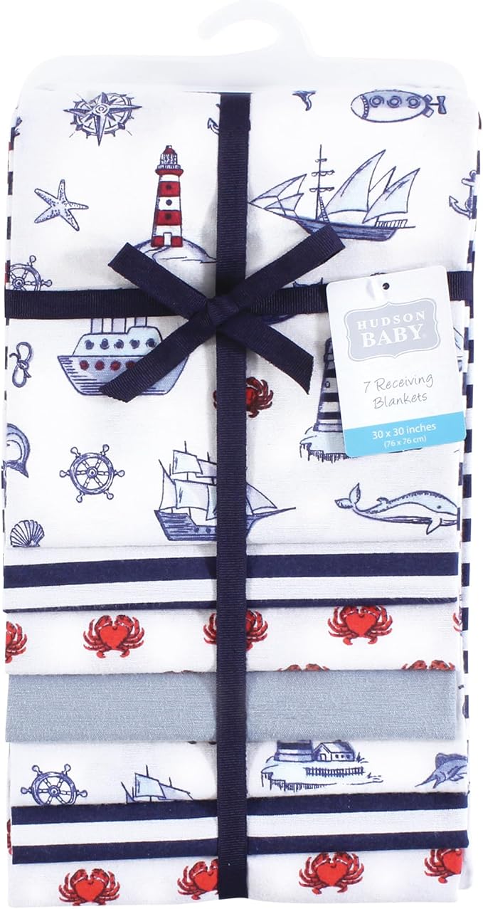 Hudson Baby Unisex Baby Cotton Flannel Receiving Blankets Bundle, Lighthouse, One Size