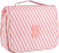 Pengxiaomei Hanging Toiletry Bag, Pink Striped Waterproof Cosmetic Bag Portable Makeup Pouch Wash Bag with Handle for Kids Teen Girls Tea Party Mothers Day Gifts Travel Cruise Essentials