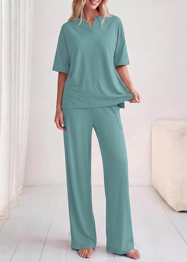 KIRUNDO Womens 2 Piece Matching Lounge Set Airport Travel Vacation Summer Outfits Oversized Short Sleeve Tops Wide Leg Pants