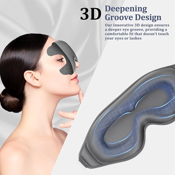 3D Deep Contoured Zero Pressure Sleep Eye Mask for Men & Women, Blackout Blindfold with Adjustable Strap for Travel, Home, Nap (Gray)