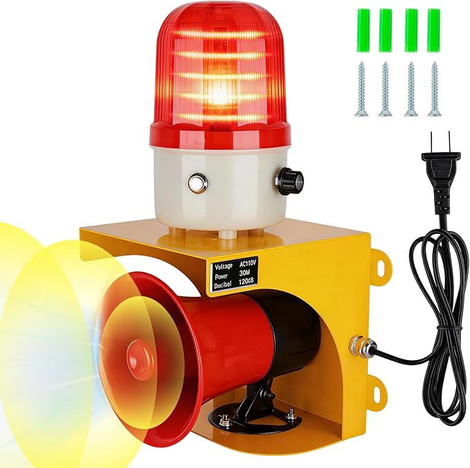 AC110V Industrial Siren Alarm Strobe Light-120dB Loud Horn&Waterproof Red Beacon Warning Light for Emergency,Factory,Fires,Tornado,Intruder Deterrent (with Switch&Volume – Adjustable 0–120dB)