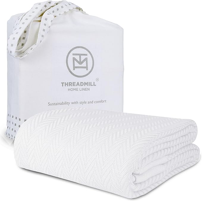 Threadmill Luxury Cotton Blanket for King Size Bed | All-Seasons Breathable Oeko TEX 100% Cotton King Size Blanket | Cozy Soft Thermal fits California King Size Bed 106 x92 inches | White