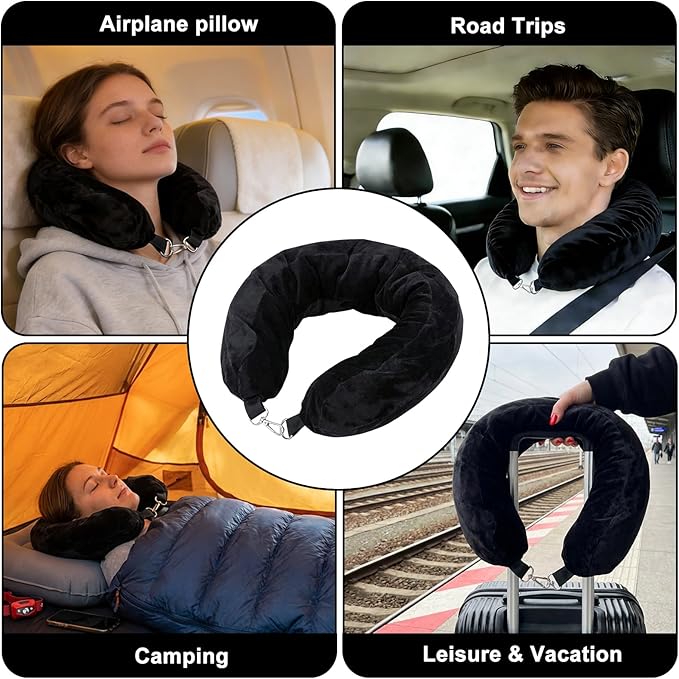 Stuffable Travel Neck Pillow, Soft Velvet Fillable Airplane Pillow for Clothes, Adjustable Neck Fit, Carry-On Packing Luggage Saver