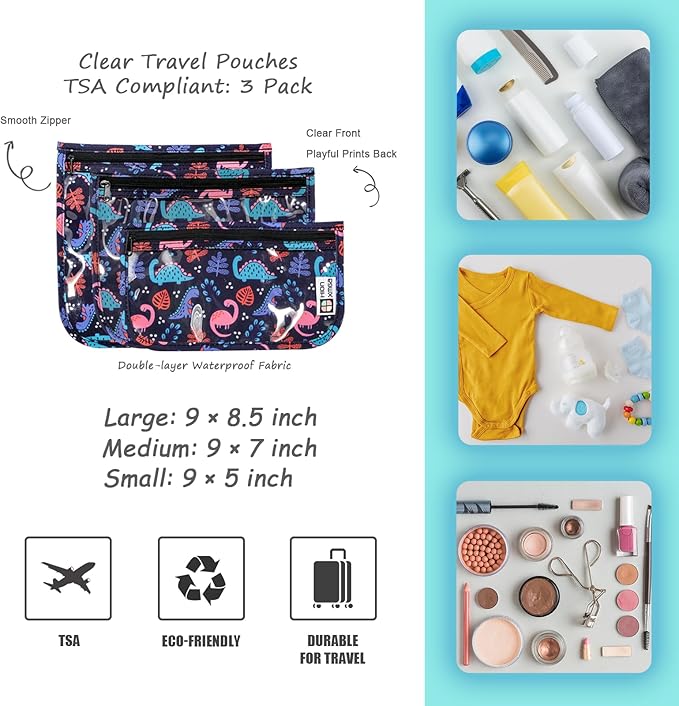 HIONXMGA TSA Approved Toiletry Bag, Set of 3 Clear Travel Toiletry Bag Quart Size Zipper Travel Pouch, Waterproof Makeup Cosmetic Bag for Women Men Kids Toiletries Carry on, Dinosaur