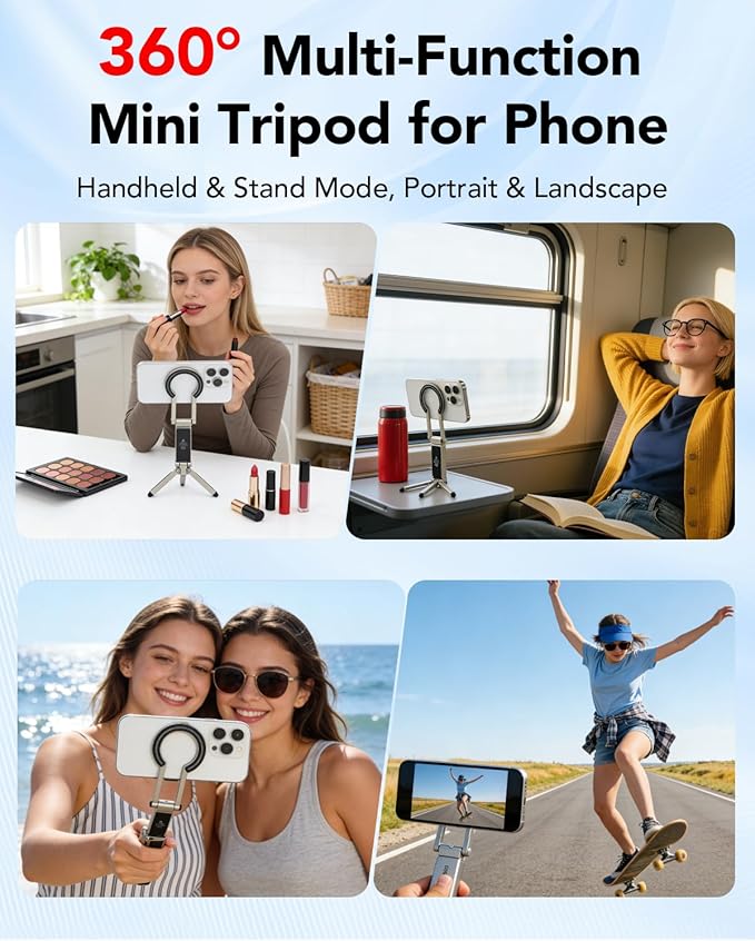 Magnetic Tripod for iPhone - Foldable Mini Pocket Phone Stand, Portable Selfie Stick Handle Grip with 360°, Airplane Travel Essentials, Phone Holders for Your Car and Gym (Silver)