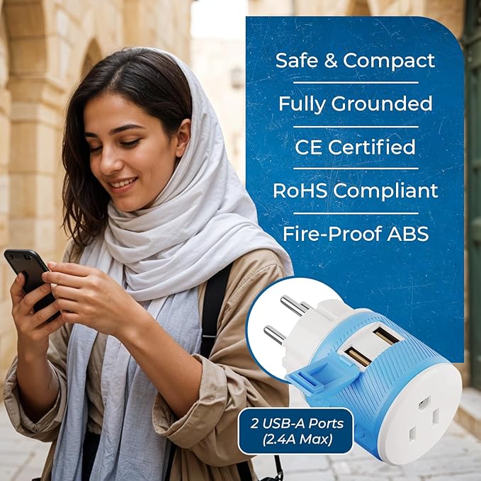 OREI 3 in 1 Israel Plug Adapter (Type H Adapter) with Dual USB for Charging – Does Not Convert Voltage - Israel Adapter Plug with Type B Input, Compatible in Palestine, Gaza Strip & Israel (U2U-14)