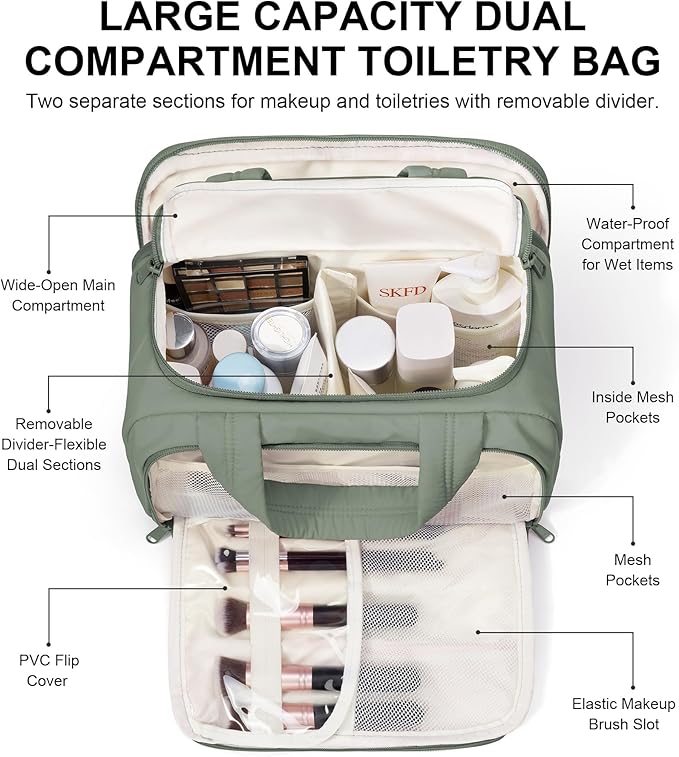 Bagstellar Travel Toiletry Bag for Women, Lightweight Large Quilted Puffy Makeup Bag Wide-open Make up Organizer Cloud Cosmetic Bag w/Handle for Traveling Toiletries Essentials Accessories Sage Green