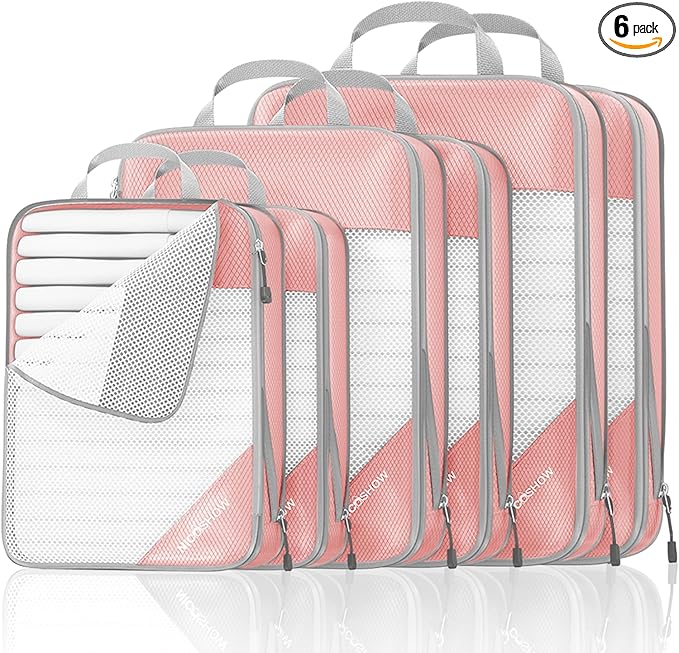 NICOSHOW Compression Packing Cubes 6 Set, Compressible Space-Saving Packing Cubes for Travel - Compression Bags, Luggage Organizer, Travel Essentials for Women, Pink