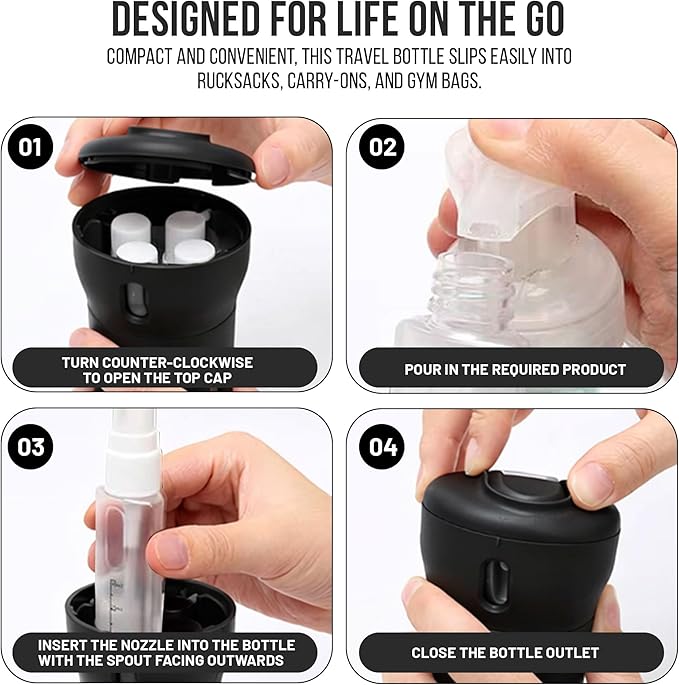 Travigo 4-in-1 Travel Dispenser Bottle, TSA Approved, Leak Proof, Four Reusable 1.4 oz. (40 mL) Toiletry Containers for Shampoo, Conditioner, Soap, Lotion, Skincare (Black)