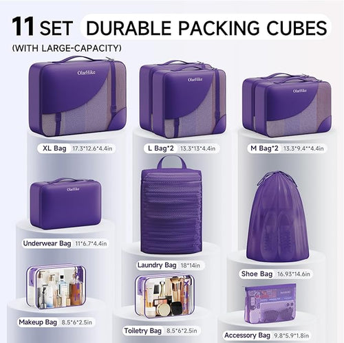 11 Set Packing Cubes for Travel, Gifts for Women Mom Kids, TSA Approved Bags for Makeup, Cosmetic, Toiletry, Suitcase Organizers for Checked Luggage, Cruise Essentials, Airplane Accessories, Purple