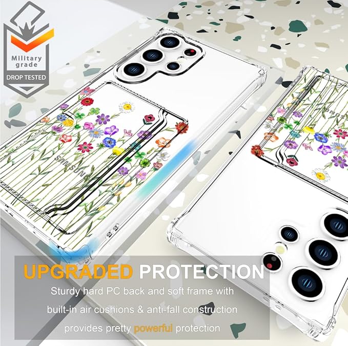 Compatible with Samsung Galaxy S24 Ultra Case Card Holder for Women Cute Design,Wallet Phone Cases Transparent Cool Kawaii Protective (Clear Flower Floral Bouquet)