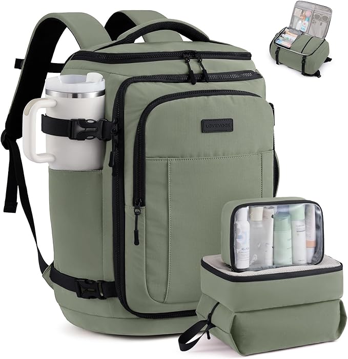 LOVEVOOK Travel Backpack for Women & Men, 40L TSA Approved Carry On Backpack with 3 Packing Cubes, Waterproof Weekender Overnight Bag for 2-4 Day Trips, Business & Travel Essentials, Slate Green-Black