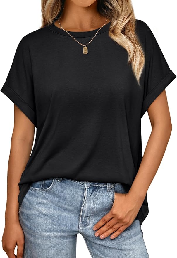 AUTOMET Women's Oversized Short Sleeve T Shirts Casual Drop Shoulder Rolled Cuff Summer Tops for Work, Travel and Lounge