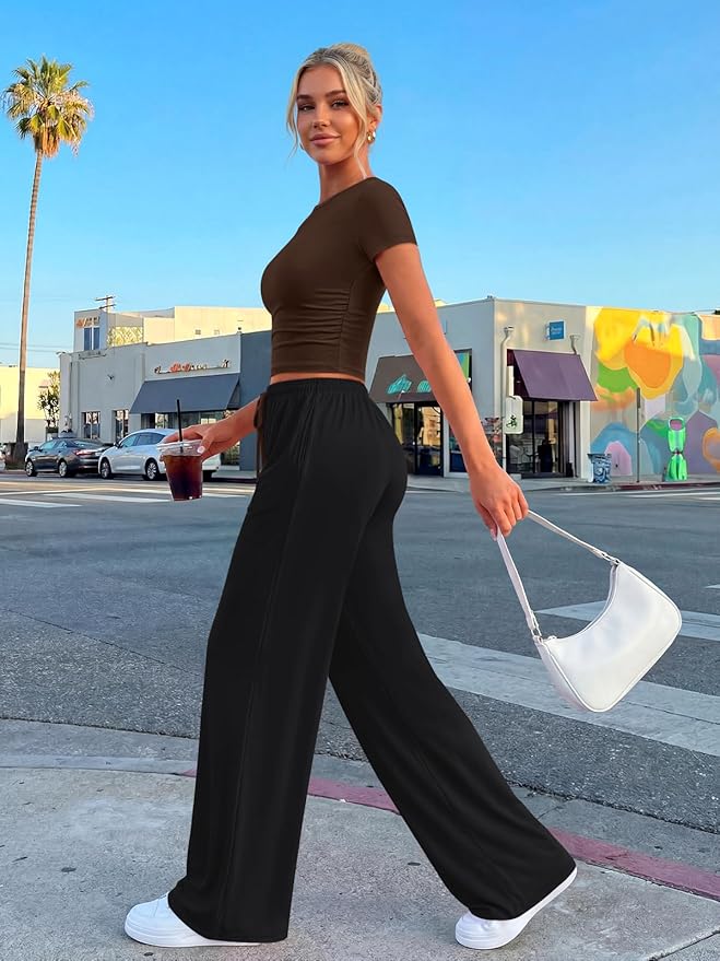 Trendy Queen 2 Piece Matching Summer Lounge Set Womens Side Ruching Top Wide Leg Pants Sets with Pockets