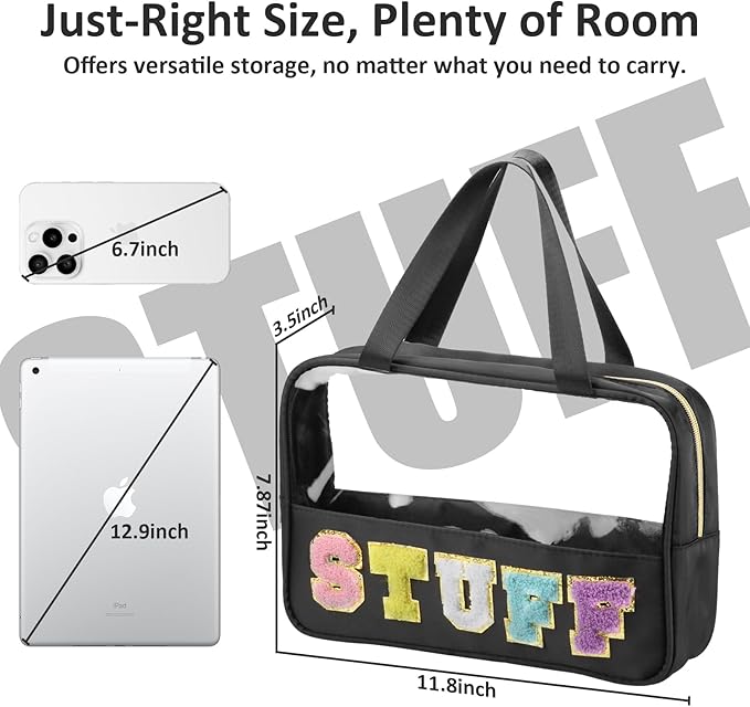BuyCard Chenille Letter Patch Clear Travel Bags, Preppy PVC&Nylon Makeup Bag with Handle and Zipper, Waterproof Large Clear Travel Toiletry Bag Storage Bag for Women Girls