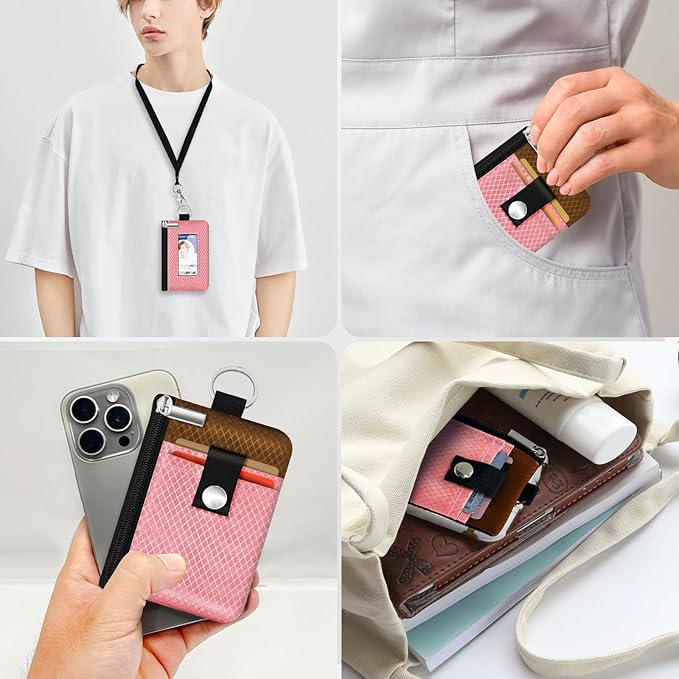 Minimalist RFID Blocking Small Wallet with ID Window,WaterResistant Zip Id Case Wallet with Lanyard Keychain for Cards,Cash,Travel,Women,Men (Pink/Brown)