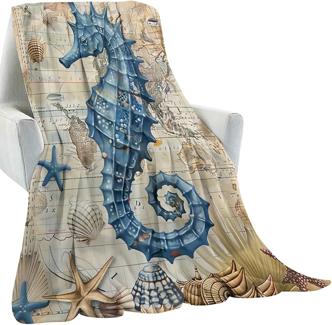 Vintage Blue Seahorse Blanket Gifts for Kids Girls Women,Nautical Antique Map Seashell Throw Blankets,Soft Comfy Lightweight for Room Couch Bed Modern Retro Decor,Ocean Lover 60x50in