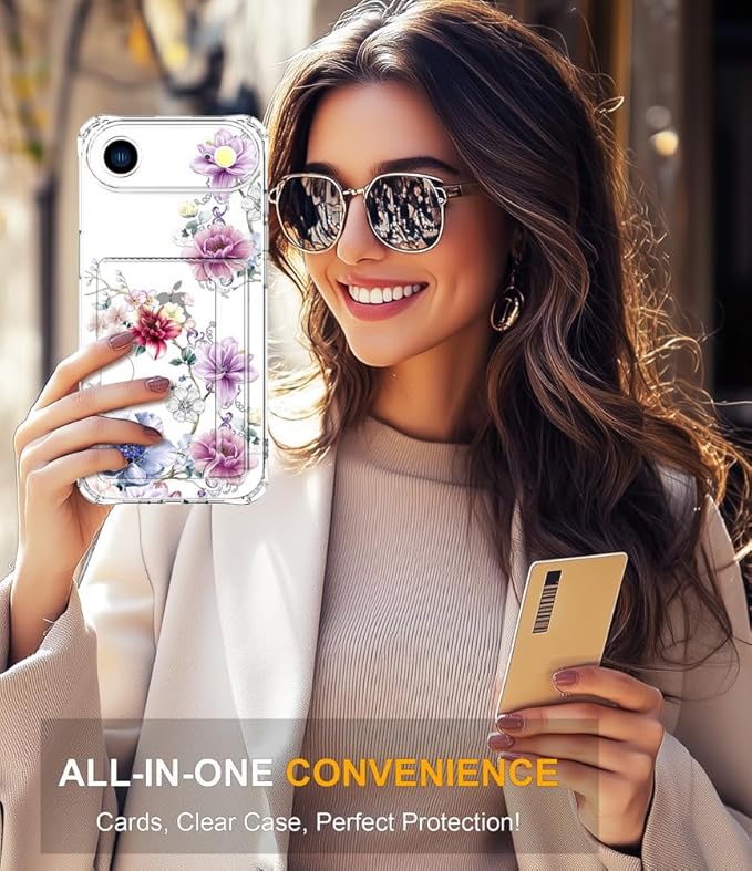 Compatible with iPhone 17 Air Case Card Holder for Women Cute Design,Wallet Phone Cases Transparent Cool Kawaii Protective (Clear Wonderful Large Flowers)
