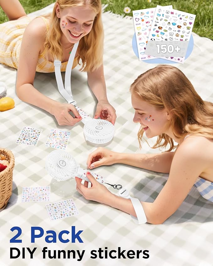 EasyAcc Handheld Fans [2x Crossbody Straps/2xDIY Stickers] for Portable Fan and Phones -Up to 10H Rechargeable Foldable Hand Desktop Fan for Home and Travel - White