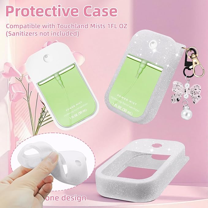 Silicone Case Compatible with Touchland Hand Sanitizer Spray Mist 1 oz with Bow Keychain