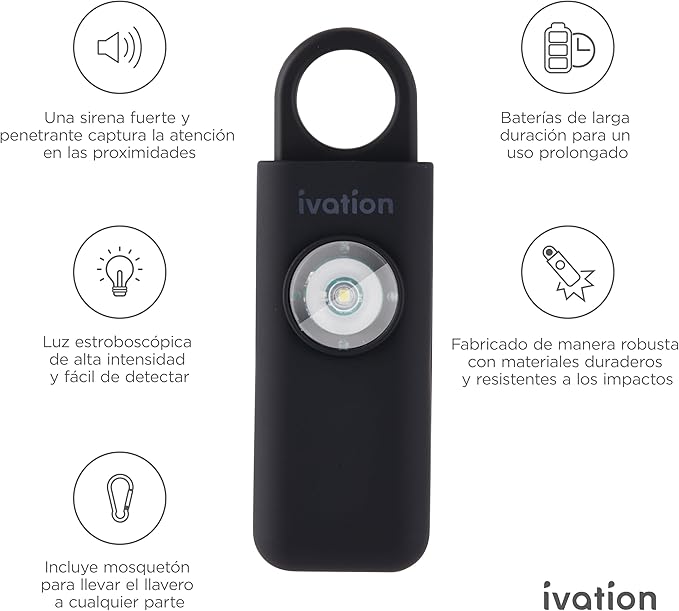 Ivation Personal SOS Alarm Keychain | Self-Defense Safety Siren & LED Panic Strobe Light with Carabiner Clip for Women, Children & Seniors | Pocket Size, Loud 125 dB Sound, Air Travel Friendly