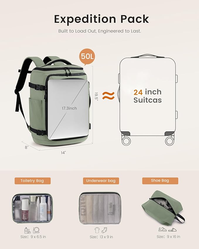 LOVEVOOK Travel Backpack for Women & Men, 50L Large Carry On or Checked Luggage, Waterproof Hiking Backpack with 3 Packing Cubes for 5+ Day Trips, Camping & Backpacking Essentials, Slate Green-Black