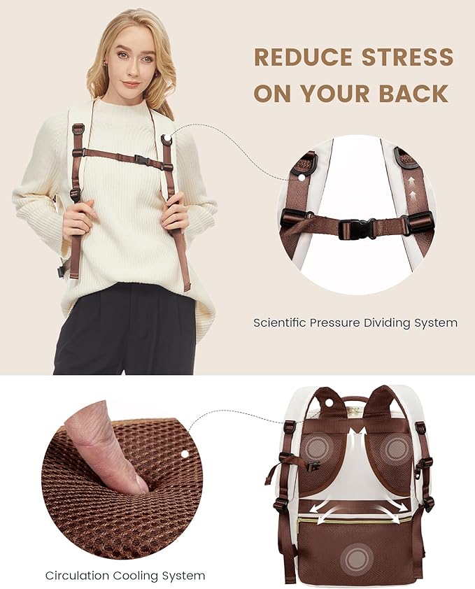 LOVEVOOK Travel Backpack For Women,40L Carry On Backpack Flight Approved,TSA Personal Item Travel Bag Fits 17 Inch Laptop,Business Weekender Overnight Daypack with Toiletry Bag and Cube,White brown