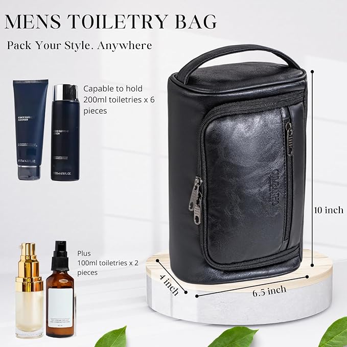 Mens Toiletry Bag,Compact Dopp Kit for Men Travel, PU Leather Shaving Kit, Water-Resistant Minimalist Organizer with Wrist Strap,Travel Toiletry Bag, Gift for Men,Large 10x6.5x4"Classic Black