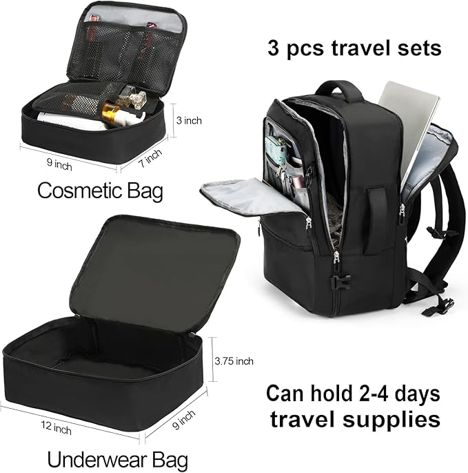 SHRRADOO Travel Backpack for Women & Men,Airline Approved Carry On Luggage,TSA Overnight Bags,40L Personal Item Travel Bag fits 17" Laptop,Carry on Bag with Underwear Bag Cosmetic Bag Set 3pcs (Black)