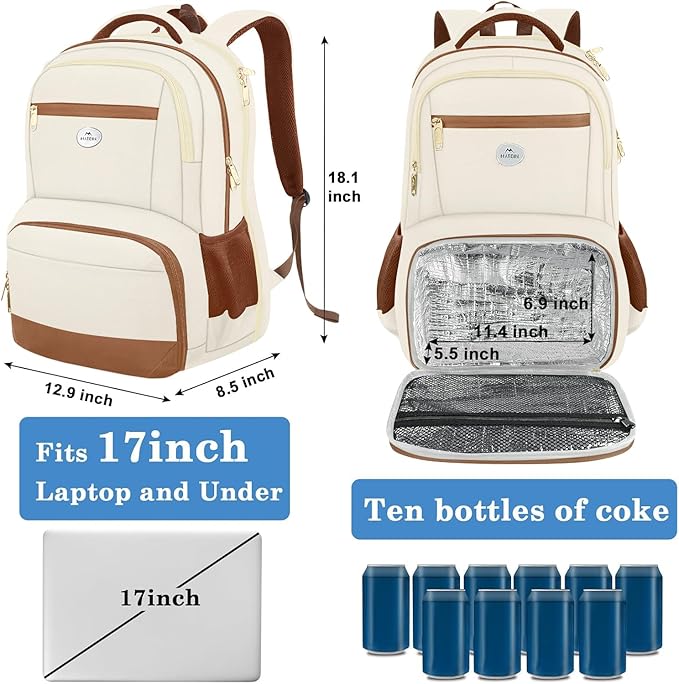 MATEIN Backpack Lunch Bag for Women, Sturdy Teacher Nurse Insulated Cooler Backpack for Work College Commute Travel, Stylish Cute 17 Inch Laptop School Bag with Lunch Compartment, Beige-Brown