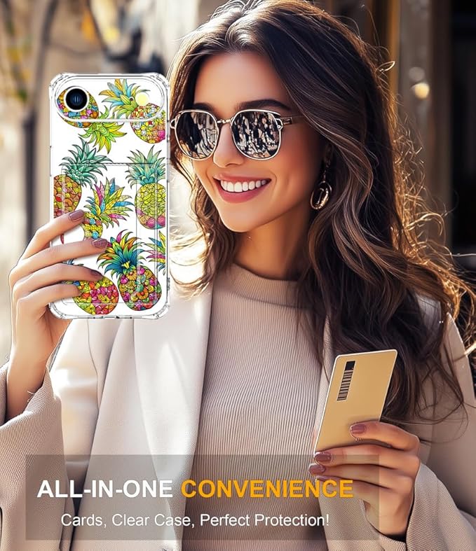 Compatible with iPhone 17 Air Case Card Holder for Women Cute Design,Wallet Phone Cases Transparent Cool Kawaii Protective (Clear Pineapple Fruit Tropical)