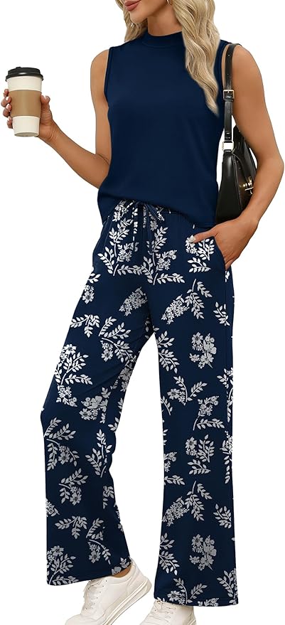 WIHOLL Two Piece Set for Women Summer Spring Outfits Cruise Travel Airport Beach Vacation Mock Neck Wide Leg Pants Set