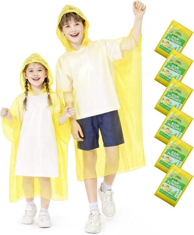 Hitituto Rain Ponchos Family Pack Kids– 6/12/24 Pack Disposable Poncho with Hood, Clear & Assorted Colors, Home Survival Kits