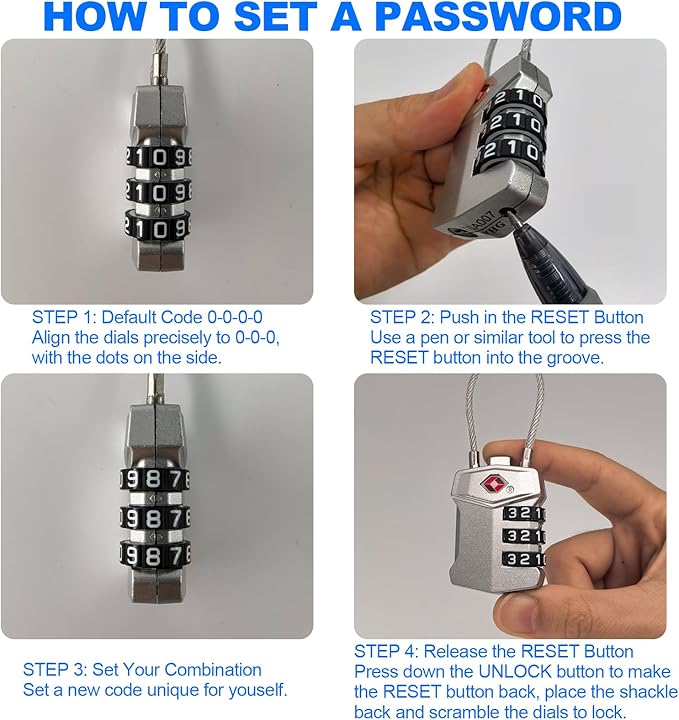 4 Pack TSA Approved Travel Luggage Locks, 3 Digit Combination Cable Padlock, Weatherproof Reset Code Lock with Cut-Resistant Alloy Steel Cable for Suitcases Backpacks Gym Locker Golf Bags - Keyless