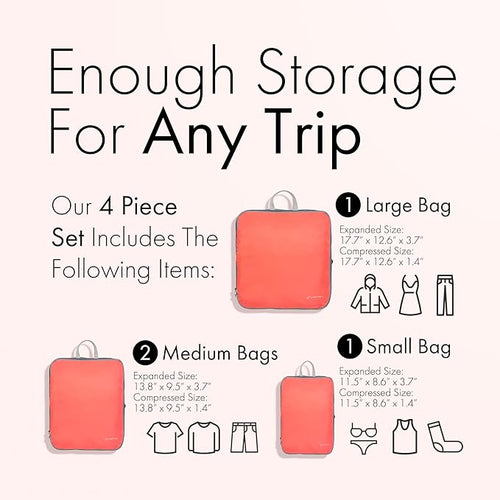 (Not Made In China) Compression Packing Cubes For Travel, Suitcase and Luggage Space Saver Organizer Bags, Lightweight, Waterproof Nylon, Durable, 4pc Set, Coral