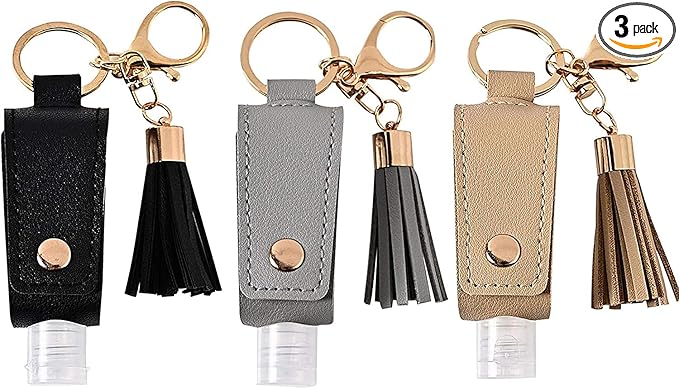 Milcraft Portable Empty Travel Bottle Keychain Hand Sanitizer Bottle Holder 3 Pack 1oz / 30ml Small Squeeze Bottle Refillable Containers for Toiletry Shampoo Lotion Soap (Black+Grey+Khaki)
