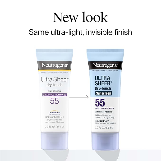 Neutrogena Ultra Sheer Dry-Touch Sunscreen SPF 55 for Face & Body, Lightweight Non Greasy Broad Spectrum UVA/UVB Protection, No White Cast, Water Resistant (80 Min) Travel Sunscreen Lotion, 3 fl oz