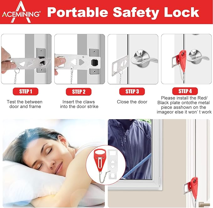 AceMining Portable Door Lock Home Security Door Lock Travel Lockdown Locks for Additional Safety and Privacy Perfect for Traveling Hotel Home Apartment College - 4 Pack