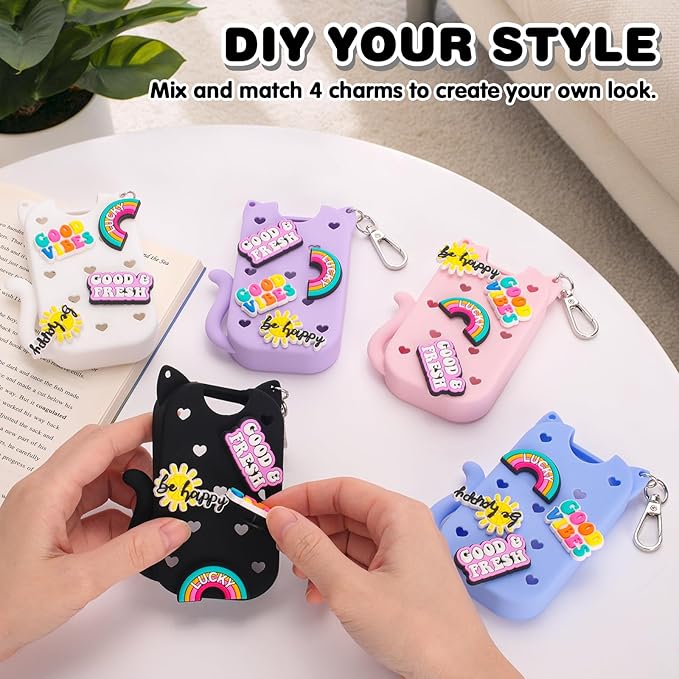 Silicone Case Holder Compatible with Hand Sanitizer Spray Touchland 1 fl oz, Cute Cat Ear Protective Case with Keychain & 4 Decorative Charms (Black, 1P)