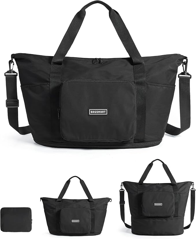 BAGSMART Foldable Travel Bag, 37L Expendable Personal Item Bag, Lightweight Weekender Bags for Women, Water Resistant Extra Carry on for Travel, Black