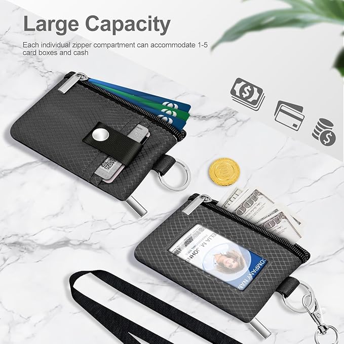 Minimalist RFID Blocking Small Wallet with ID Window,WaterResistant Zip Id Case Wallet with Lanyard Keychain for Cards,Cash,Travel,Women,Men (DarkGrey)