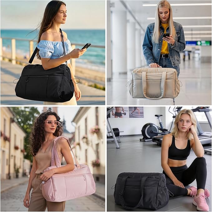 TOPEAST Weekender Bag for Women, Lightweight Puffer Travel Duffle Carry On Bag with Wet Pocket & 40oz Tumbler Pocket, Airline Approved Personal Item Overnight Bag, Pink