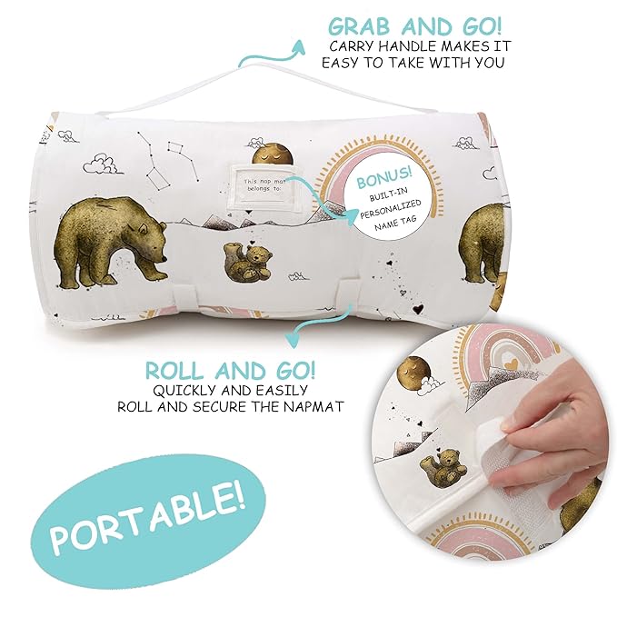 JumpOff Jo Extra Long Nap Mat for Kids - Cozy Kids Rest Mat with Removable Pillow and Ultra Soft Blanket for Preschool, Daycare, and Sleepovers - Rainbow Bears