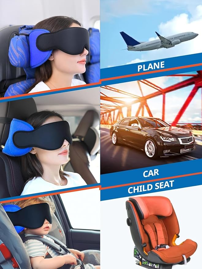 SARISUN Travel Pillows for Airplanes, Airplane Pillow with 3D Eye Mask for Sleeping, 360° Support Head Strap for Long Flights, Car, Road Trip Car Headrest, Travel Essentials Stop Bobblehead, Purple