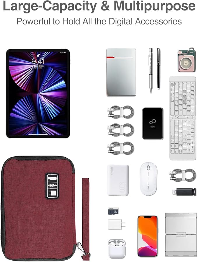 Luxtude Electronic Organizer Travel Case Large, Cord Organizer Travel, Large Cable Organizer Bag, Tech Bag for Cable Storage/Cord Storage/iPad Pro(up to 11")/Wall Charger/Electronic Accessories, Red