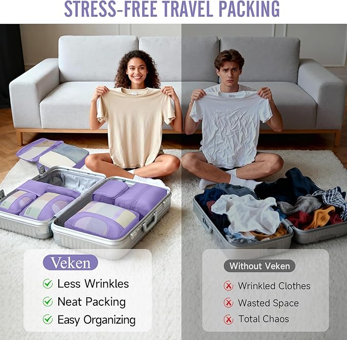 Veken 8 Set Packing Cubes for Travel Essentials, Suitcase Organizer Bags in 4 Sizes, Carry-On Luggage Accessories with Large Laundry Bag & Passport Holder, Must-Have for Airplane, Road Trip & Camping